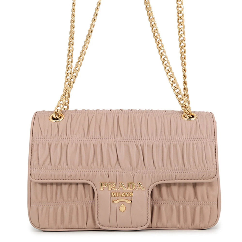 Prada Chain Gathered Nappa Leather Shoulder Bag Tan